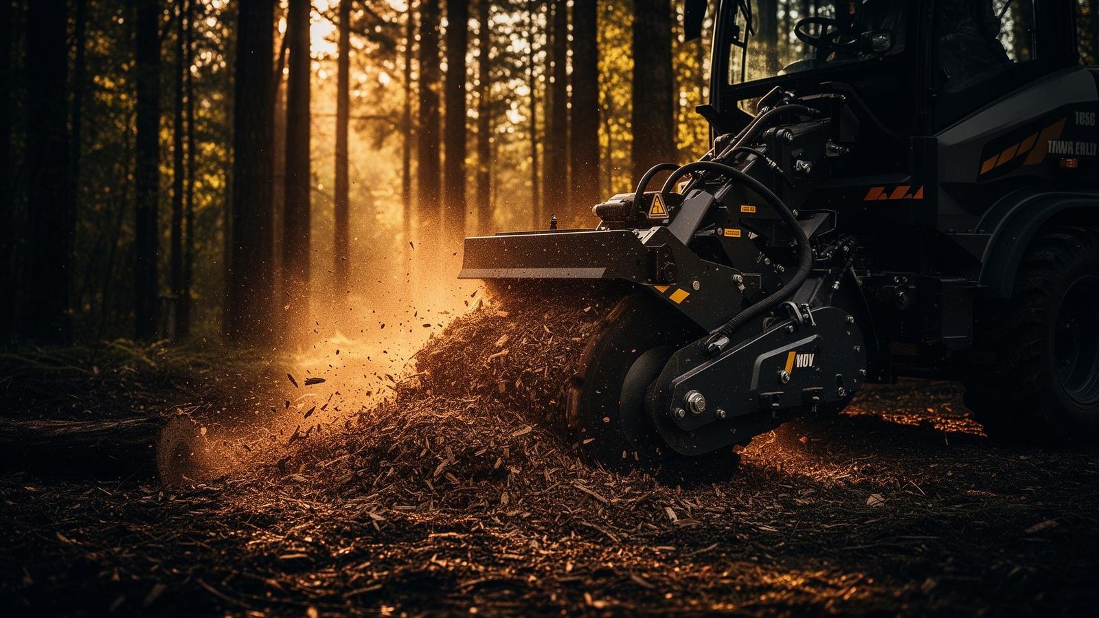 Professional stump grinder at work in a Niagara forest at golden hour